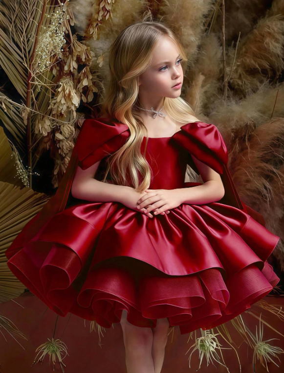 Burgundy Bow Tulle Christmas Party Elegant Dress