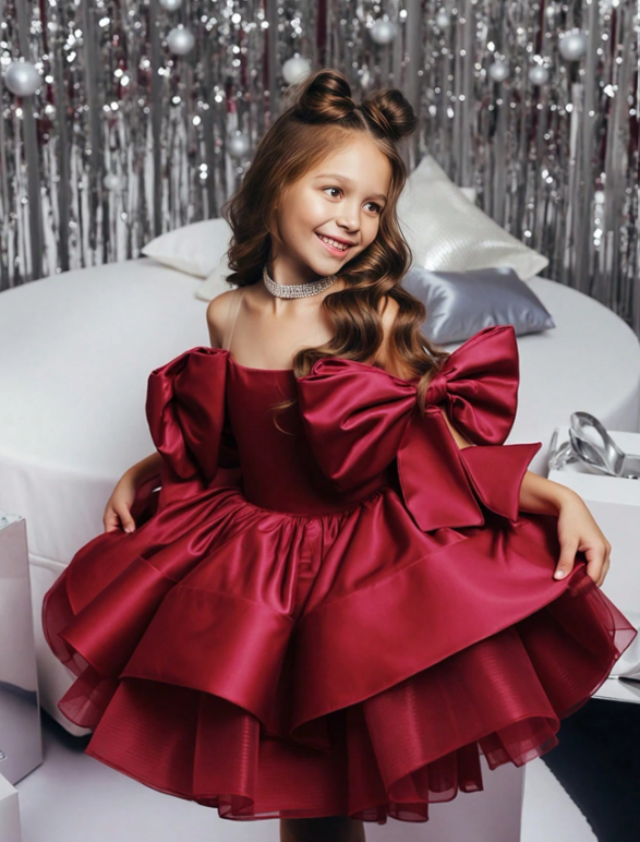 Burgundy Bow Tulle Christmas Party Elegant Dress