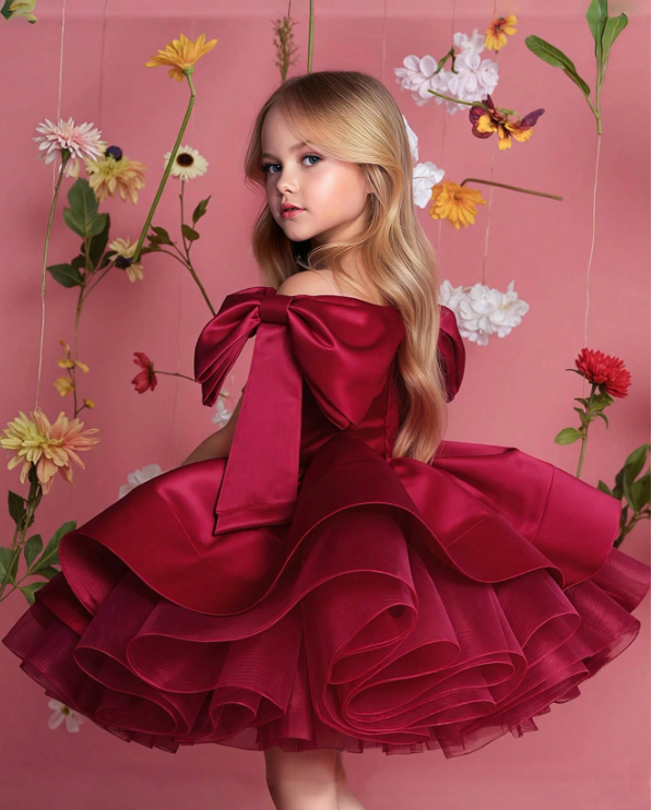 Burgundy Bow Tulle Christmas Party Elegant Dress
