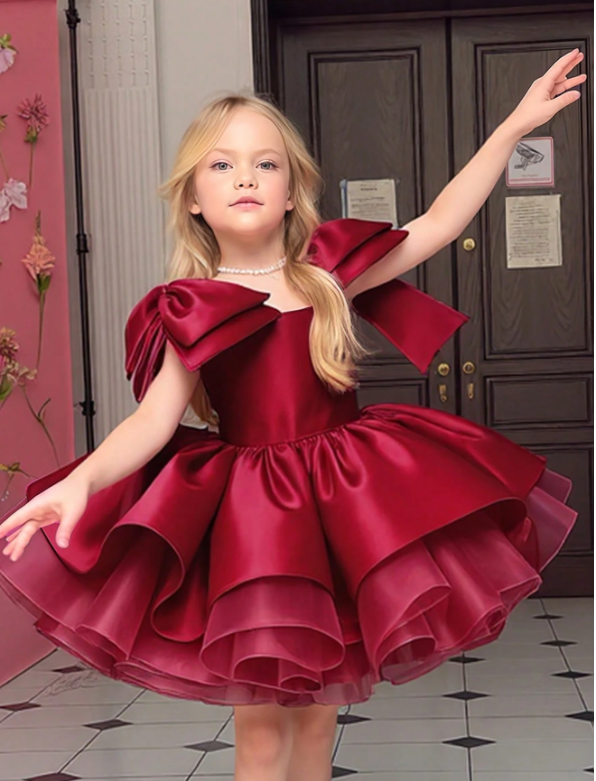 Burgundy Bow Tulle Christmas Party Elegant Dress