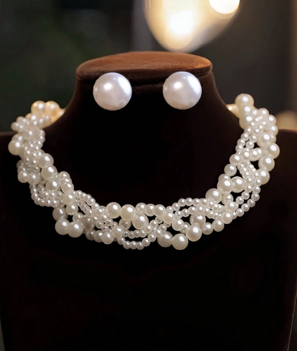 Faux Pearl Necklace And Earrings Bridal Set