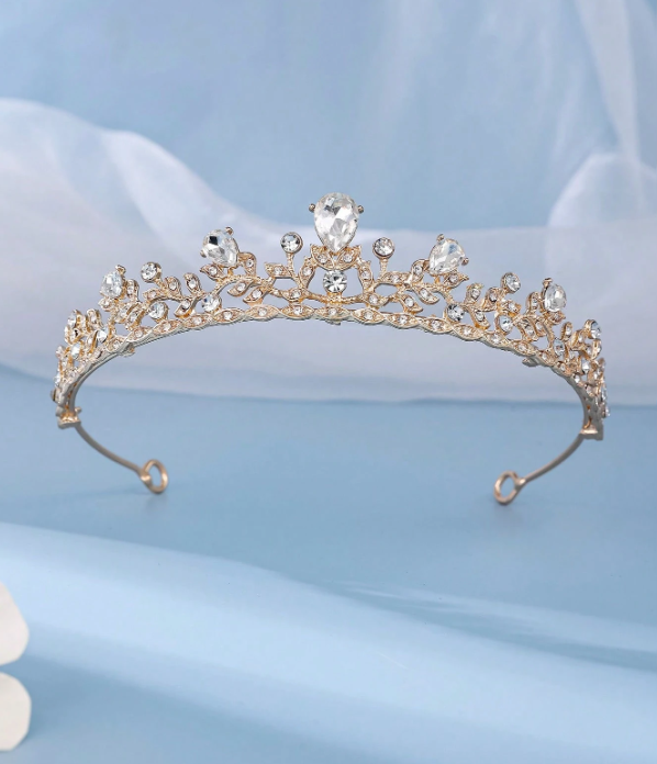 Rhinestone Crown Design Elegant Bridal Headband Gold