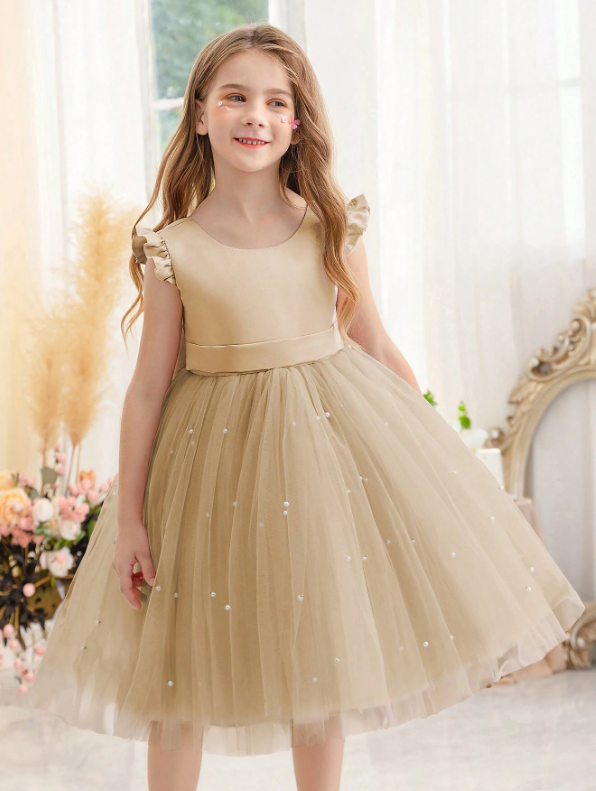 Girls Elegant Tulle Dress Champaigne