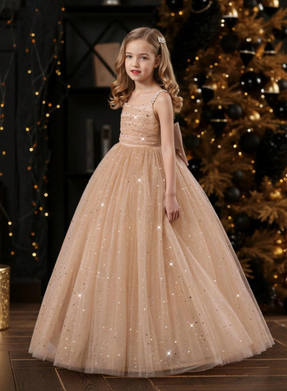 Girls Pearl Strap Star Mesh Bow Decor Gold
