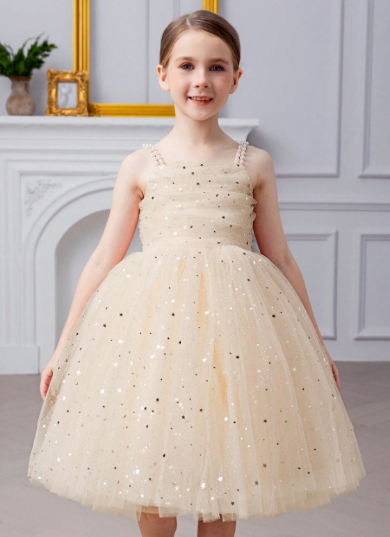 Girls Pearl Strap Star Mesh Bow Decor Gold