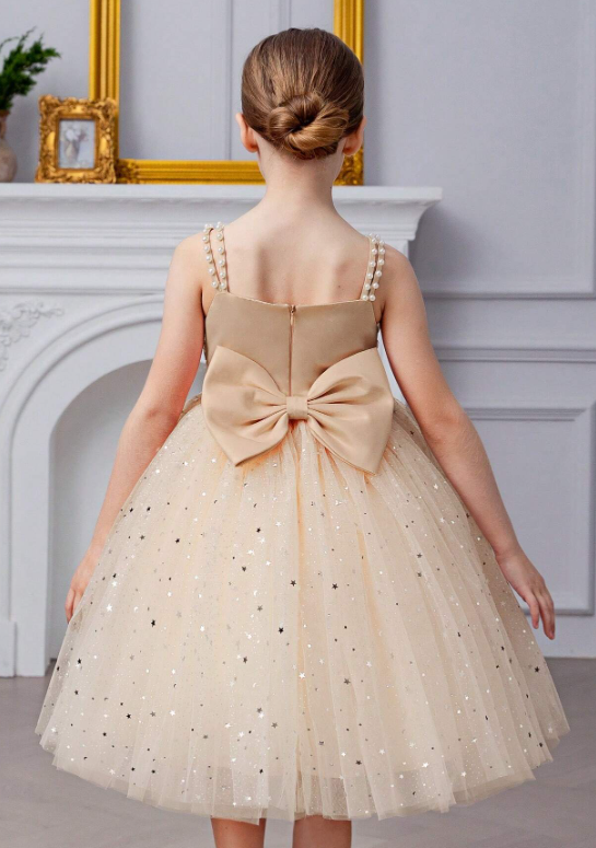 Girls Pearl Strap Star Mesh Bow Decor Gold