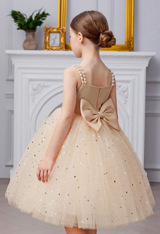Girls Pearl Strap Star Mesh Bow Decor Gold