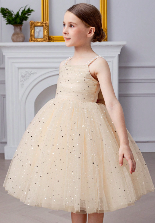Girls Pearl Strap Star Mesh Bow Decor Gold