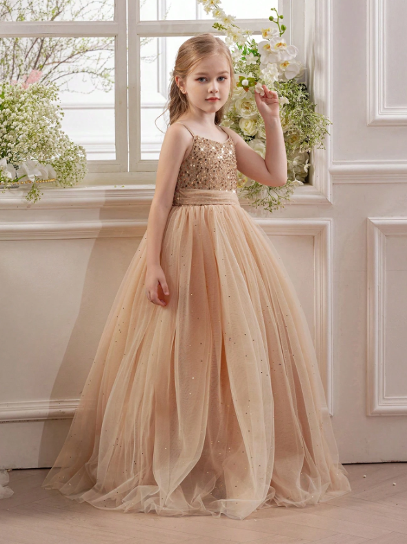 Tween Girl Gold Sequin Mesh Elegant Princess