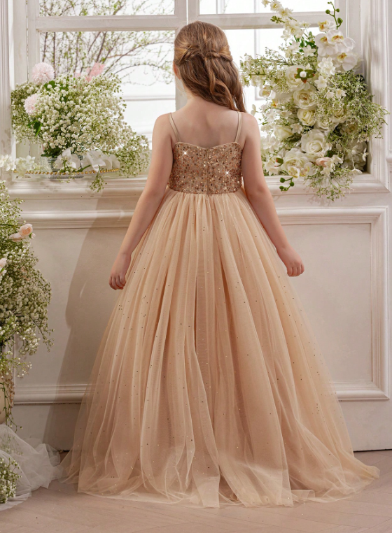 Tween Girl Gold Sequin Mesh Elegant Princess