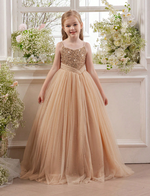 Tween Girl Gold Sequin Mesh Elegant Princess