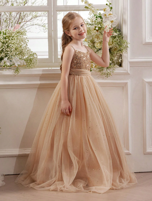 Tween Girl Gold Sequin Mesh Elegant Princess