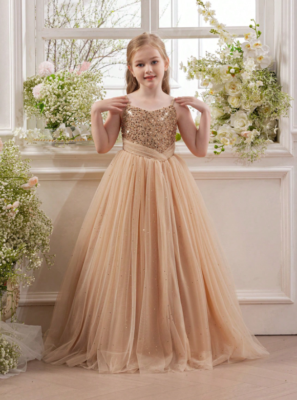 Tween Girl Gold Sequin Mesh Elegant Princess