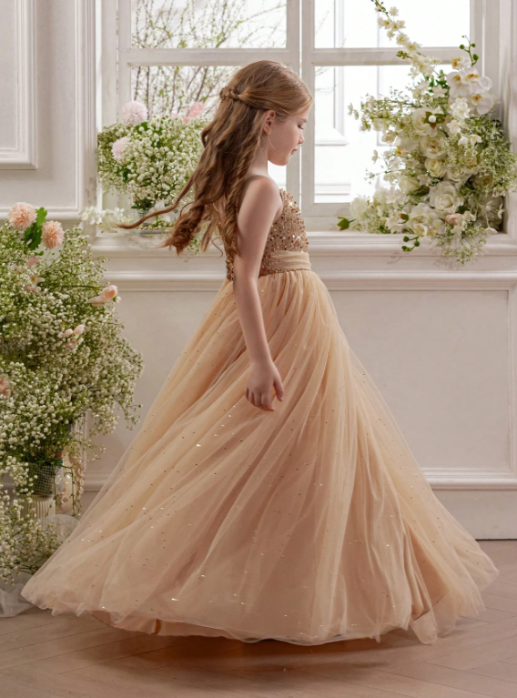 Tween Girl Gold Sequin Mesh Elegant Princess