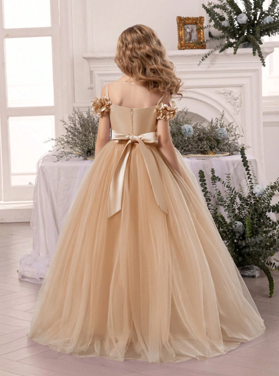Tween Girl Floral Strap Tulle Party Dress