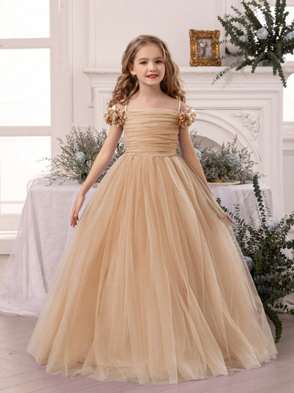 Tween Girl Floral Strap Tulle Party Dress