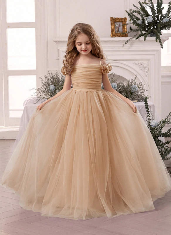 Tween Girl Floral Strap Tulle Party Dress