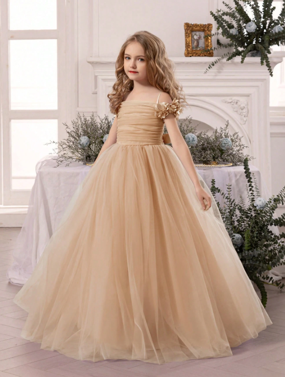 Tween Girl Floral Strap Tulle Party Dress