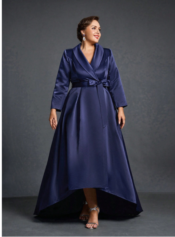 Shawl Collar High Low Hem Belted Mother of the Bride Dress