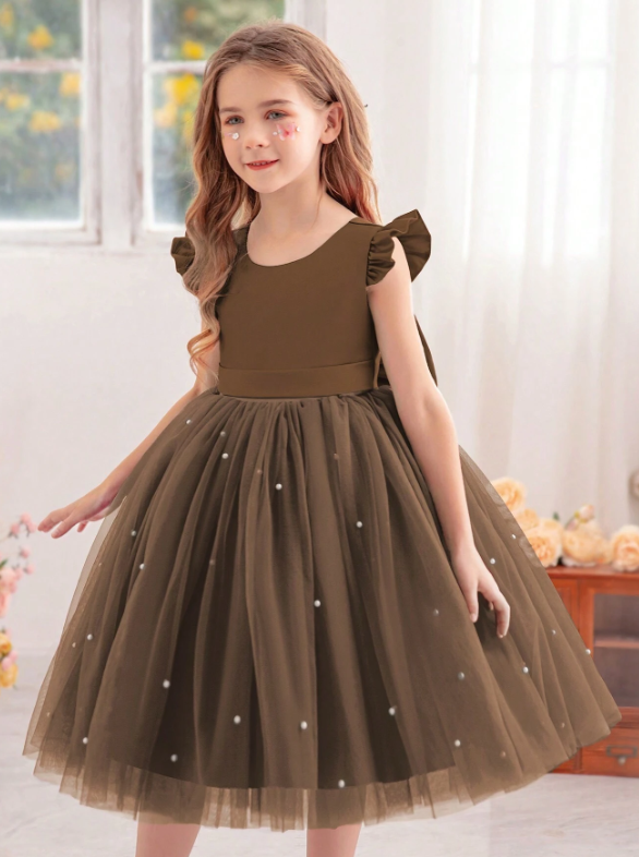 Ruffled Mesh Princess Dress With Lace Trim Army Green