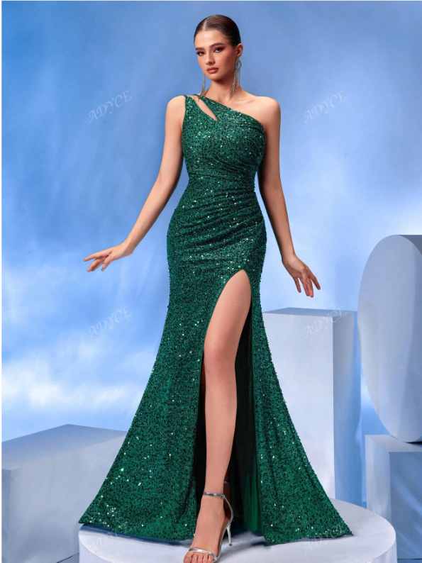 Sequin One-Shoulder Ruched Front Prom Dress