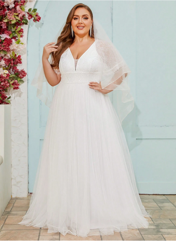 Lace Contrast Mesh Appliques Wedding Dress