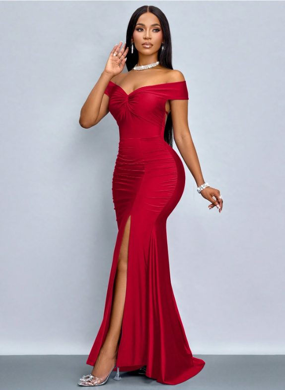 Solid Color Off Shoulder Chest Twist Split Hem Dress