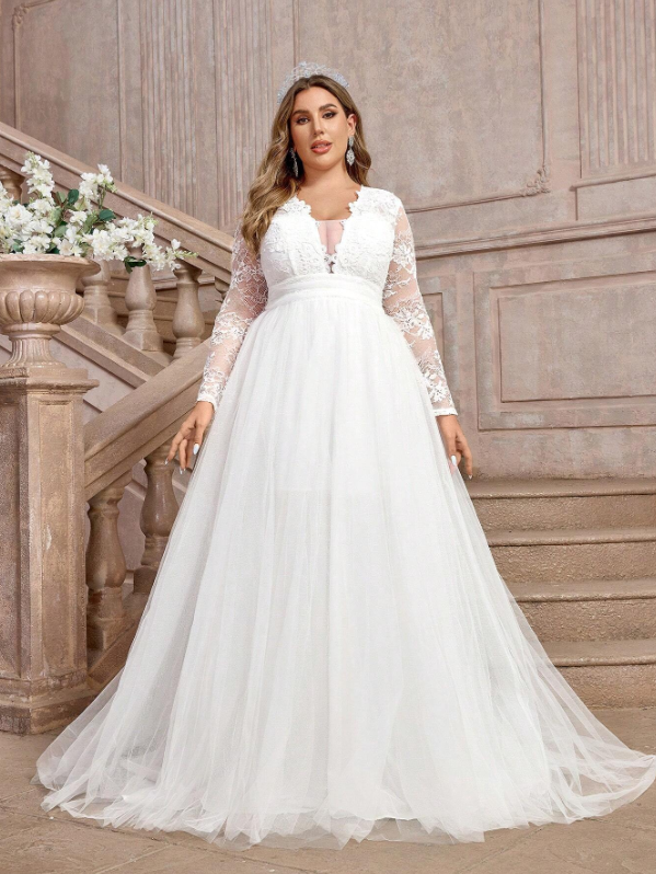 French Lace & Tulle Dress With Pleats