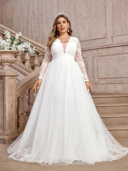 Plus Size French Lace & Tulle Dress With Pleats