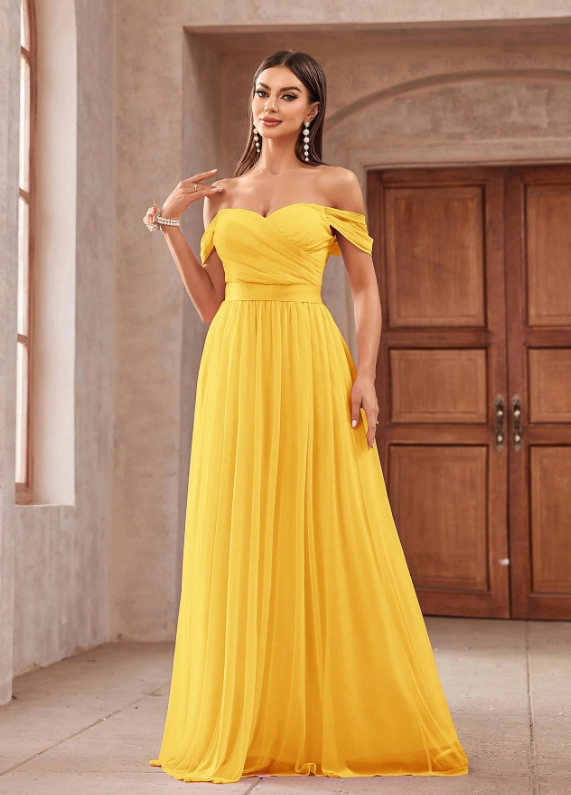 Tulle Off-Shoulder Ruched Ribbon Waistband Evening Dress