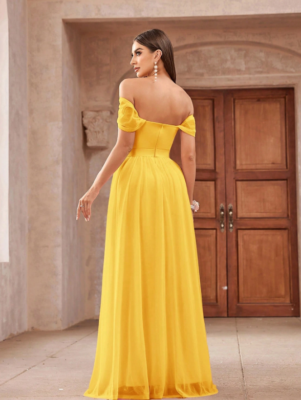 Tulle Off-Shoulder Ruched Ribbon Waistband Evening Dress