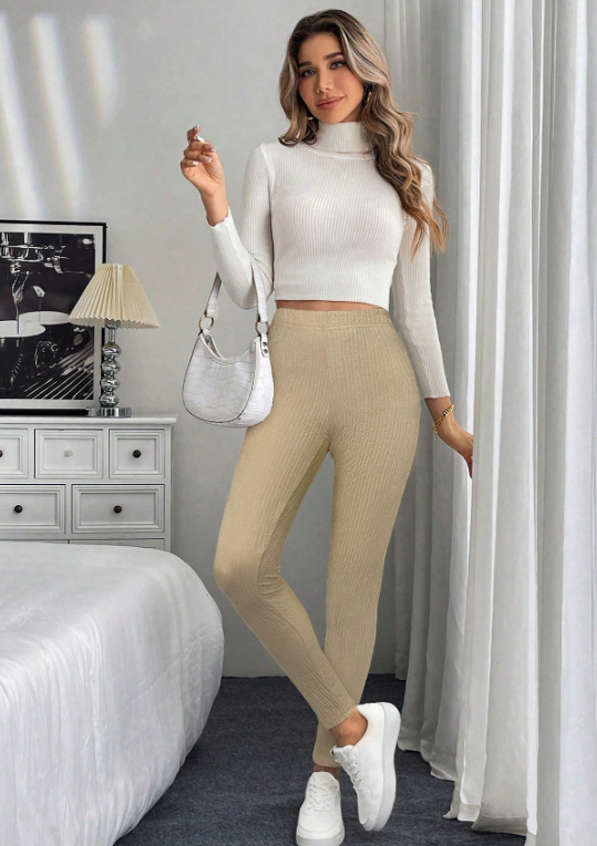Solid Color Rib Knit High Waist Casual Leggings