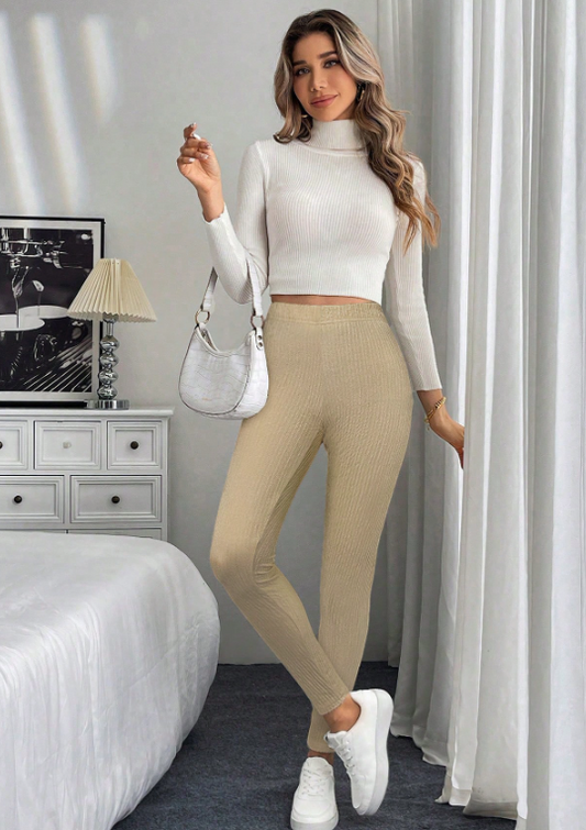 Solid Color Rib Knit High Waist Casual Leggings