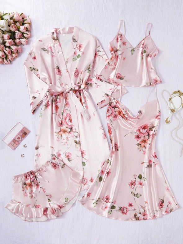 Floral Printed Satin Pajamas Set - 5 Piece Set pink