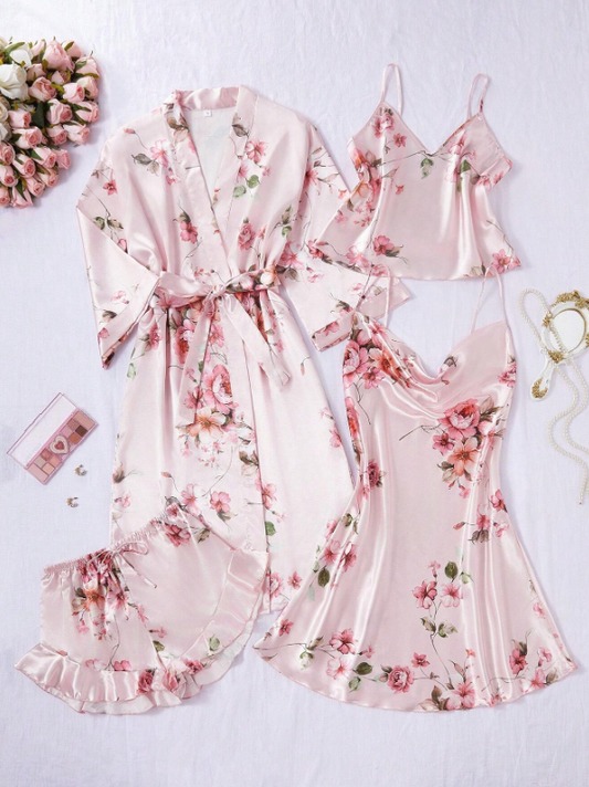 Floral Printed Satin Pajamas Set - 5 Piece Set pink