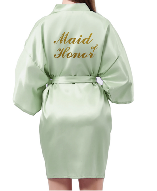 Sage Green Belted Satin Maid of Honor Robe
