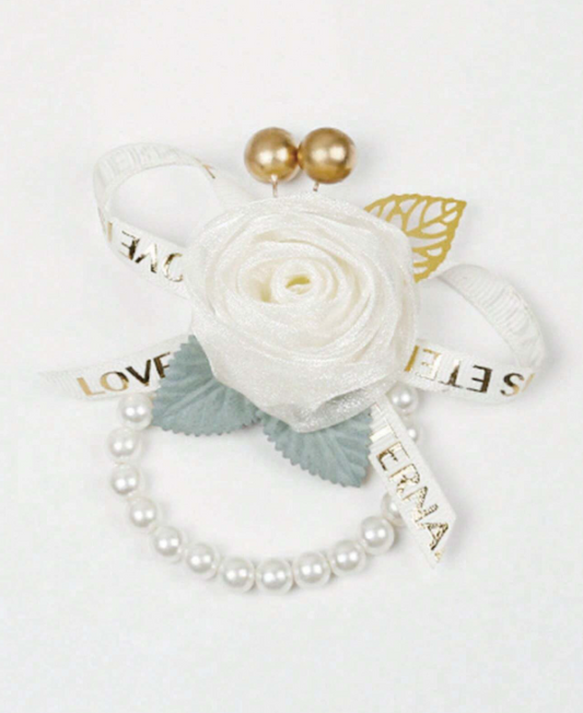 Bride's Wrist Corsage With Beaded Chain Champagne