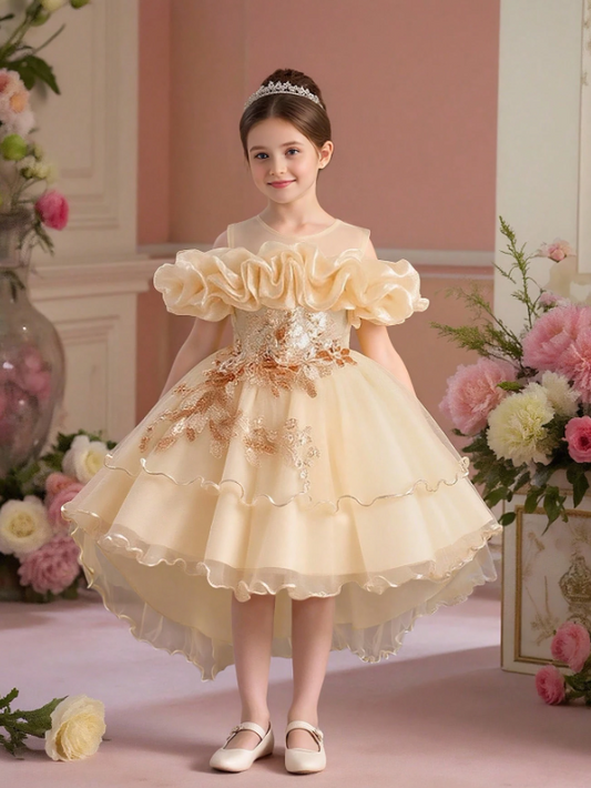 Girls Sequin Tulle Puff Sleeve Princess Party Dress
