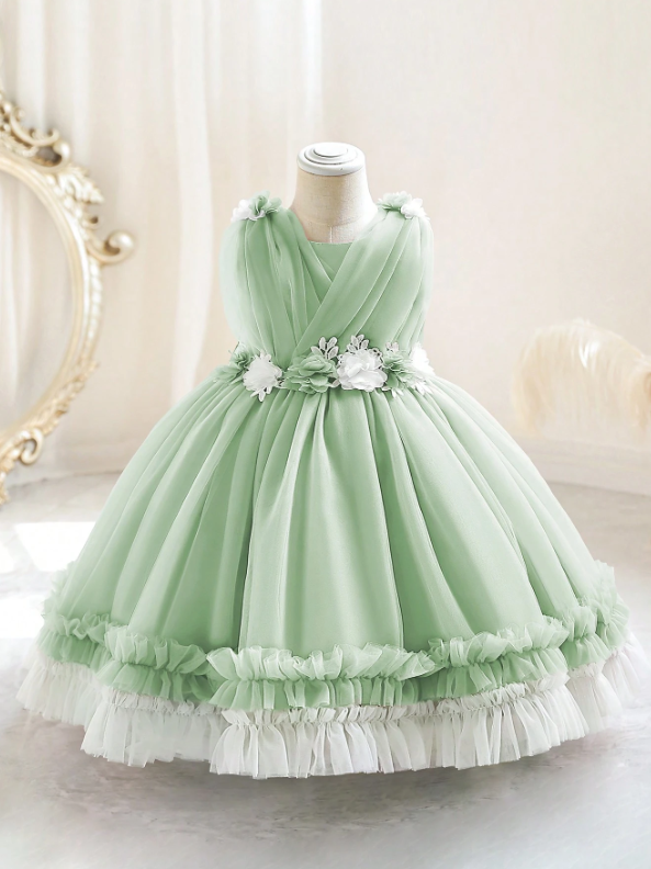 Sage Party Princess Dress With 3D Floral Mesh Tulle Skirt