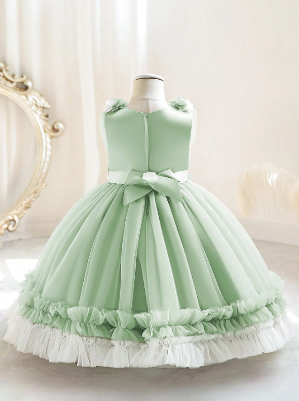 Sage Party Princess Dress With 3D Floral Mesh Tulle Skirt