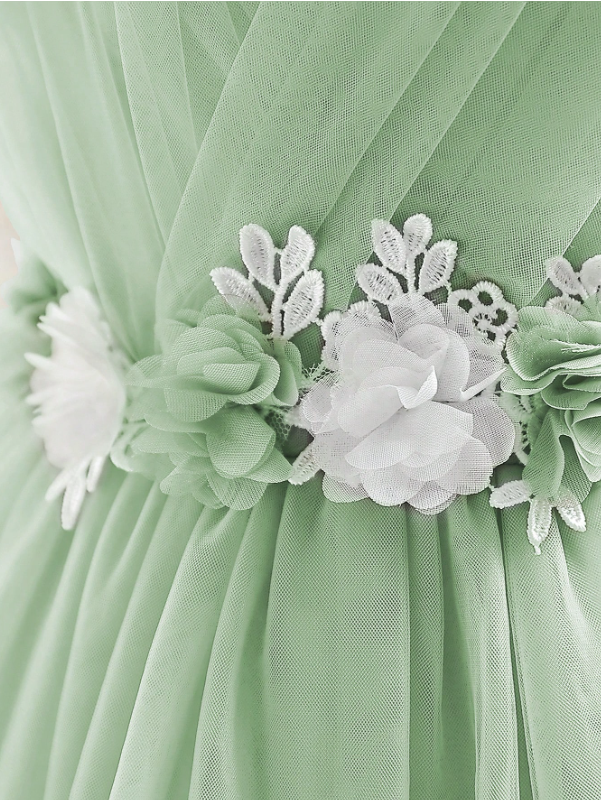 Sage Party Princess Dress With 3D Floral Mesh Tulle Skirt