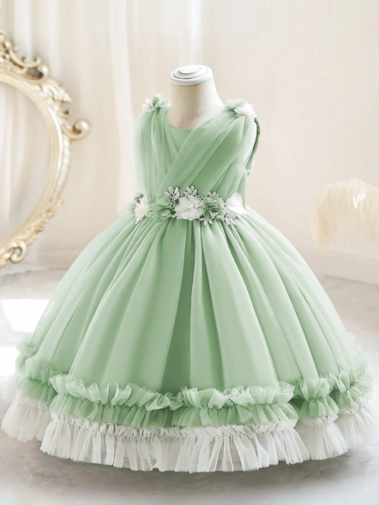 Sage Party Princess Dress With 3D Floral Mesh Tulle Skirt