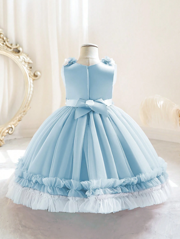 Mesh Ruffle Trim Gown Dress Sky Blue