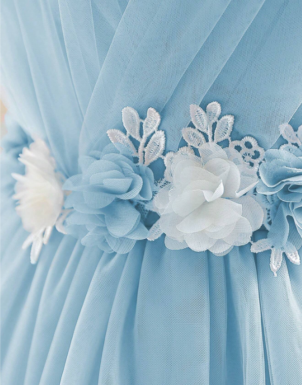 Mesh Ruffle Trim Gown Dress Sky Blue