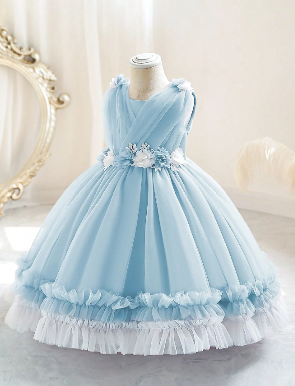 Mesh Ruffle Trim Gown Dress Sky Blue