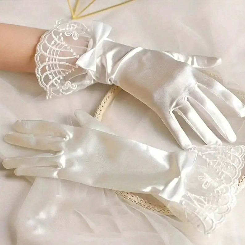 White Lace Bow Gloves Bridal