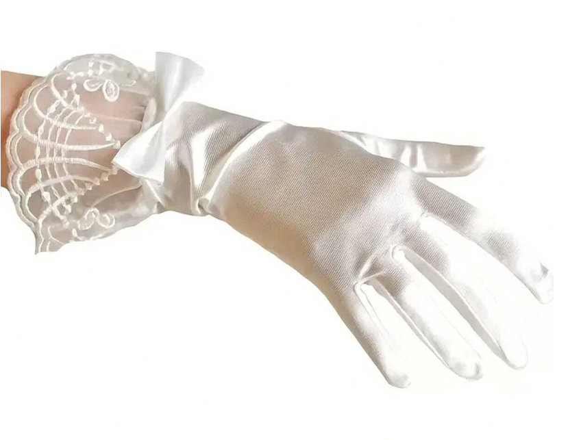 White Lace Bow Gloves Bridal