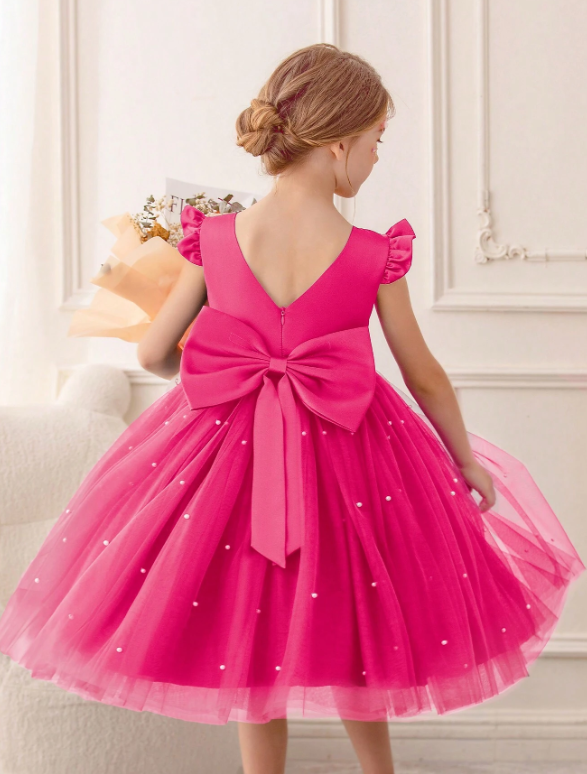 Ruffled Mesh Princess Dress With Lace Trim Hot Pink