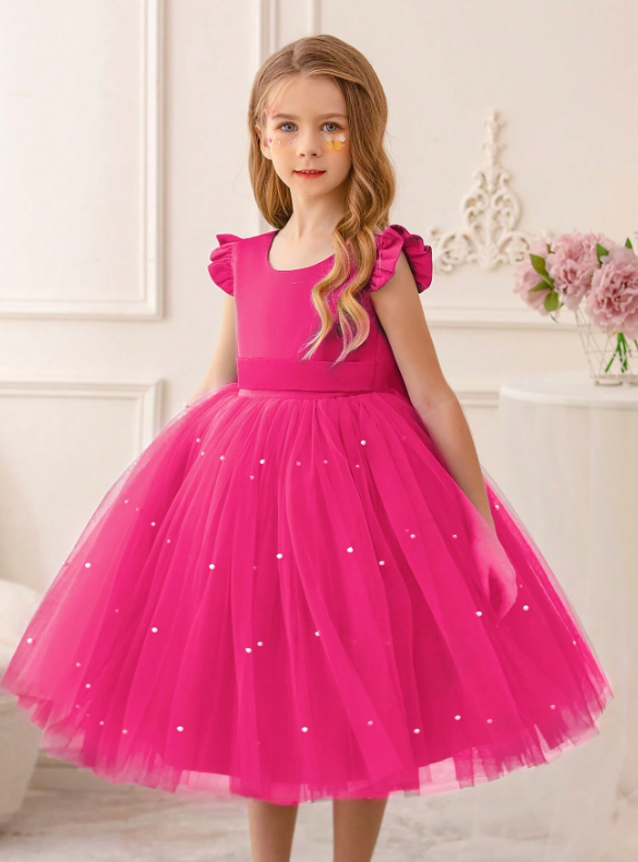 Ruffled Mesh Princess Dress With Lace Trim Hot Pink