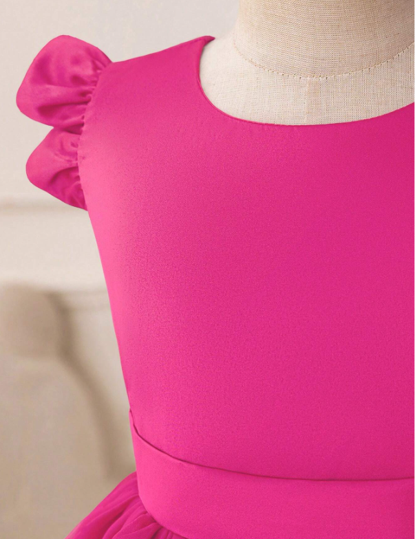 Ruffled Mesh Princess Dress With Lace Trim Hot Pink